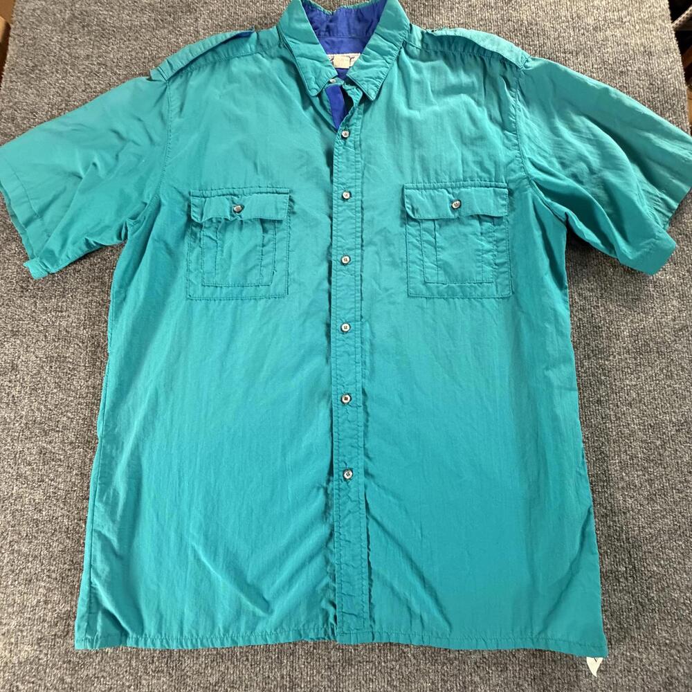 Sportif Mens Short Sleeve Button Up Shirt Blue Utility Pocket Made in USA‎ Large